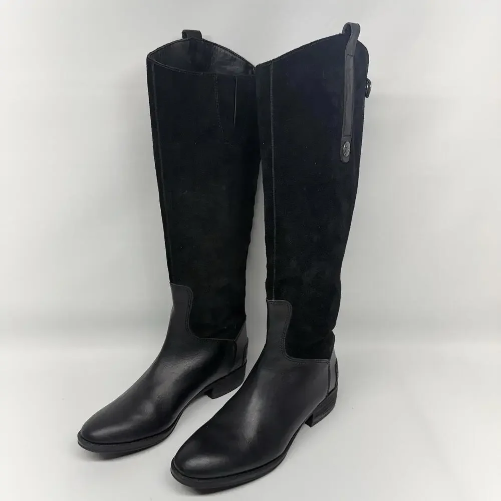 Sam Edelman Black Leather Suede Riding Boots Classic Size 5.5 Equestrian Preppy